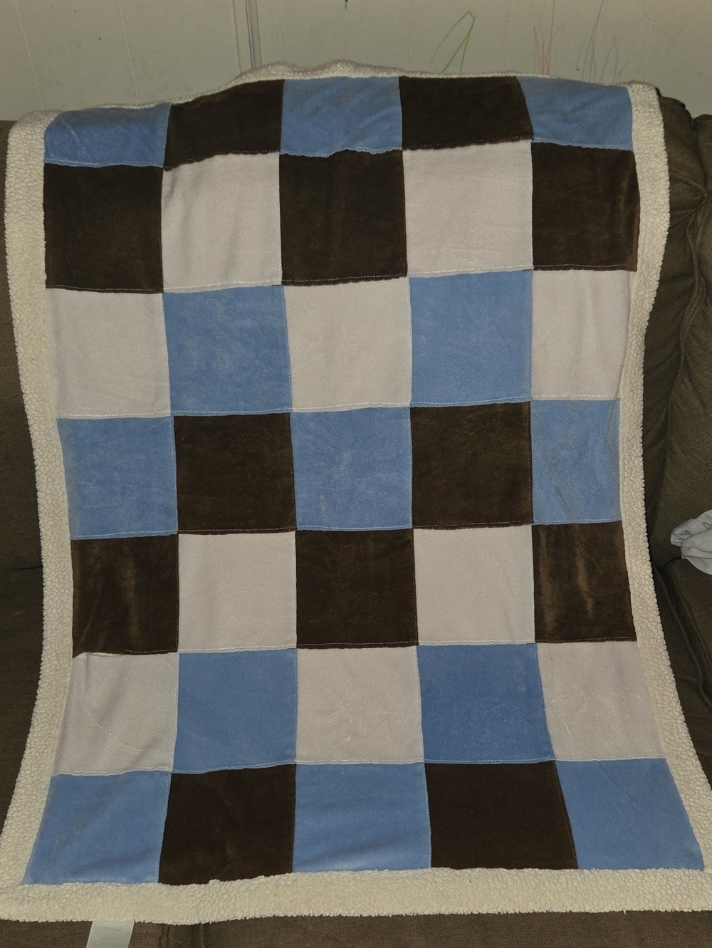 Kids Patchwork Sherpa Throw Blanket - Blue, Brown, Cream